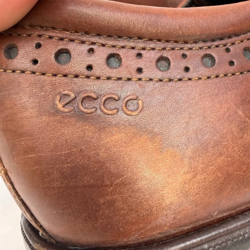 Ecco Mens Dublin Wingtip Oxford Cognac Brown Leather Brogue Dress Shoes Size 43
